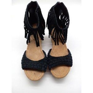 Minnetonka Women's Leather Black Open Toe Cork Wedge Fringed Sandal Size 8 71322